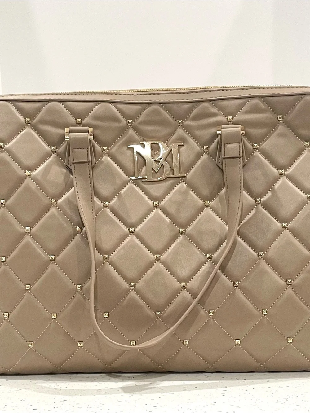 Badgley Mischka Quilted Taupe Tote with Gold Hardware